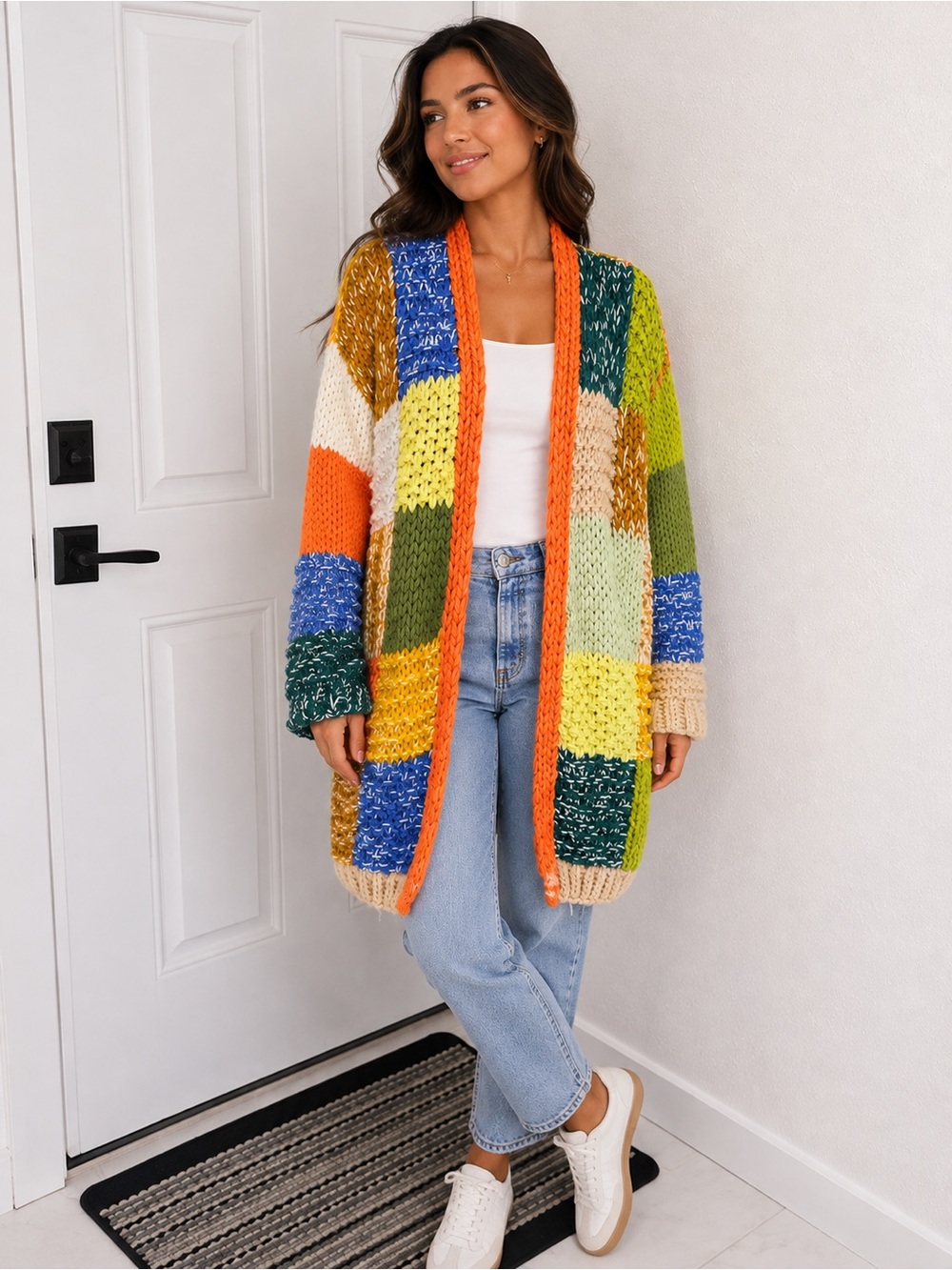 Listicle Multicolor Patchwork chunky Knit Cardigan M